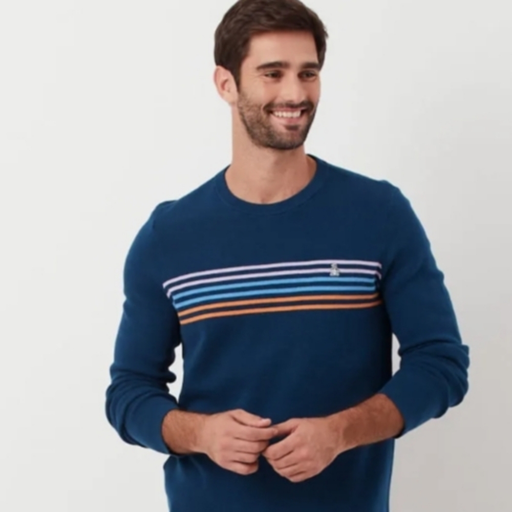 ORIGINAL PENGUIN Men's Crewneck Pullover Sweater Poseidon‎ Blue Stripe Large